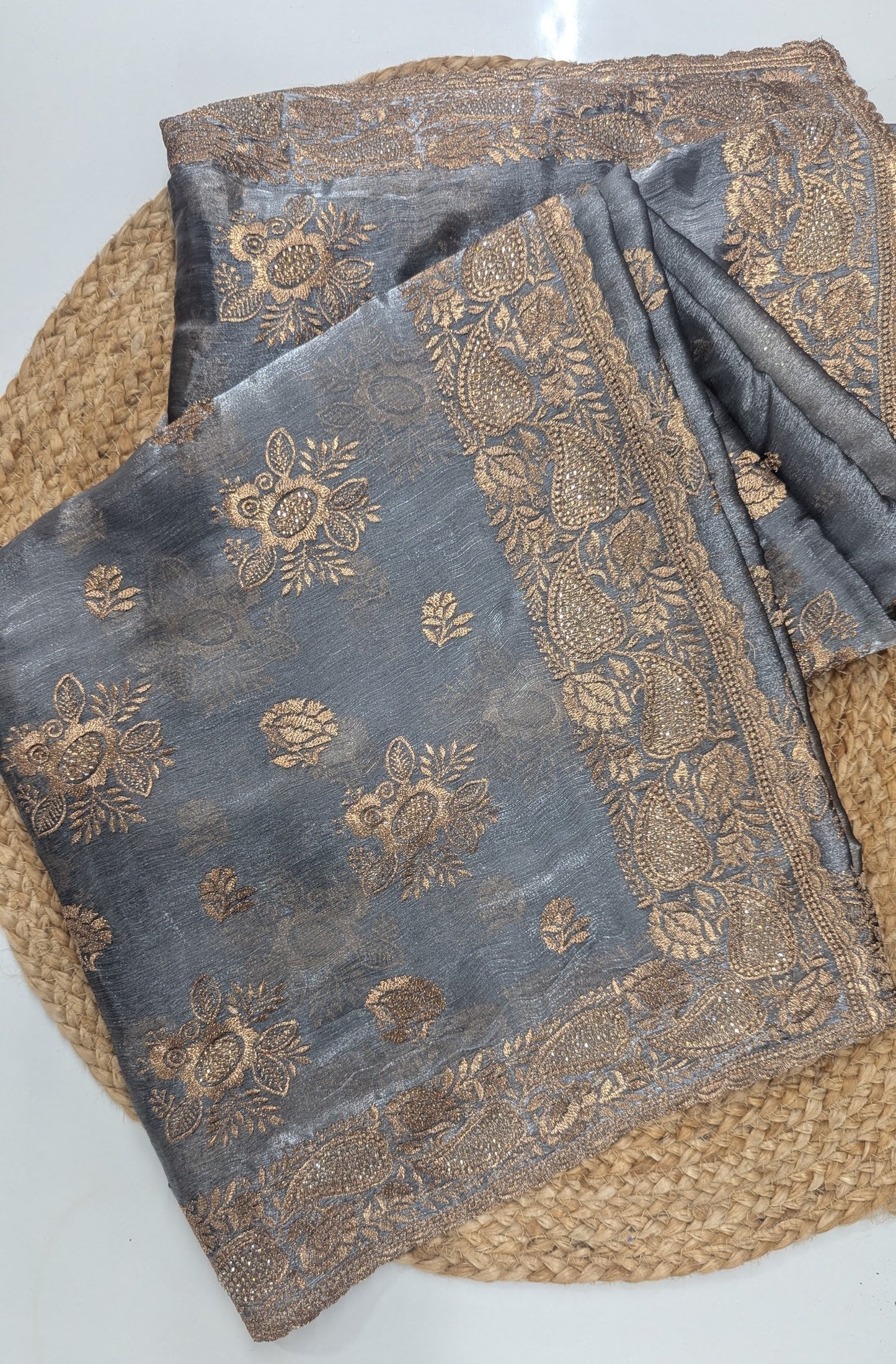 Tissue Party Wear Saree - Gray and Wine