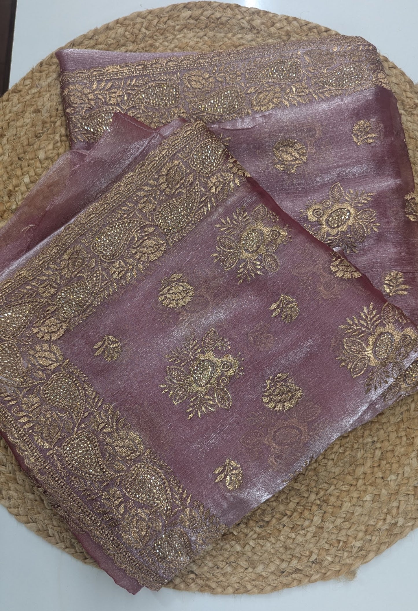 Tissue Party Wear Saree - Gray and Wine