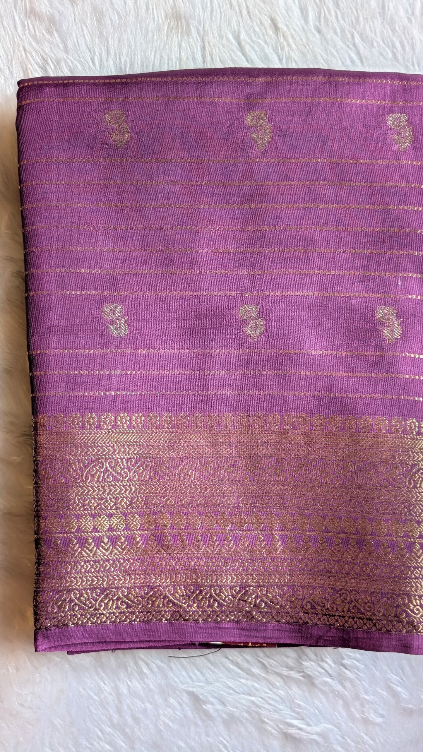 Purple with Golden Stripes Semi Crepe Silk Saree