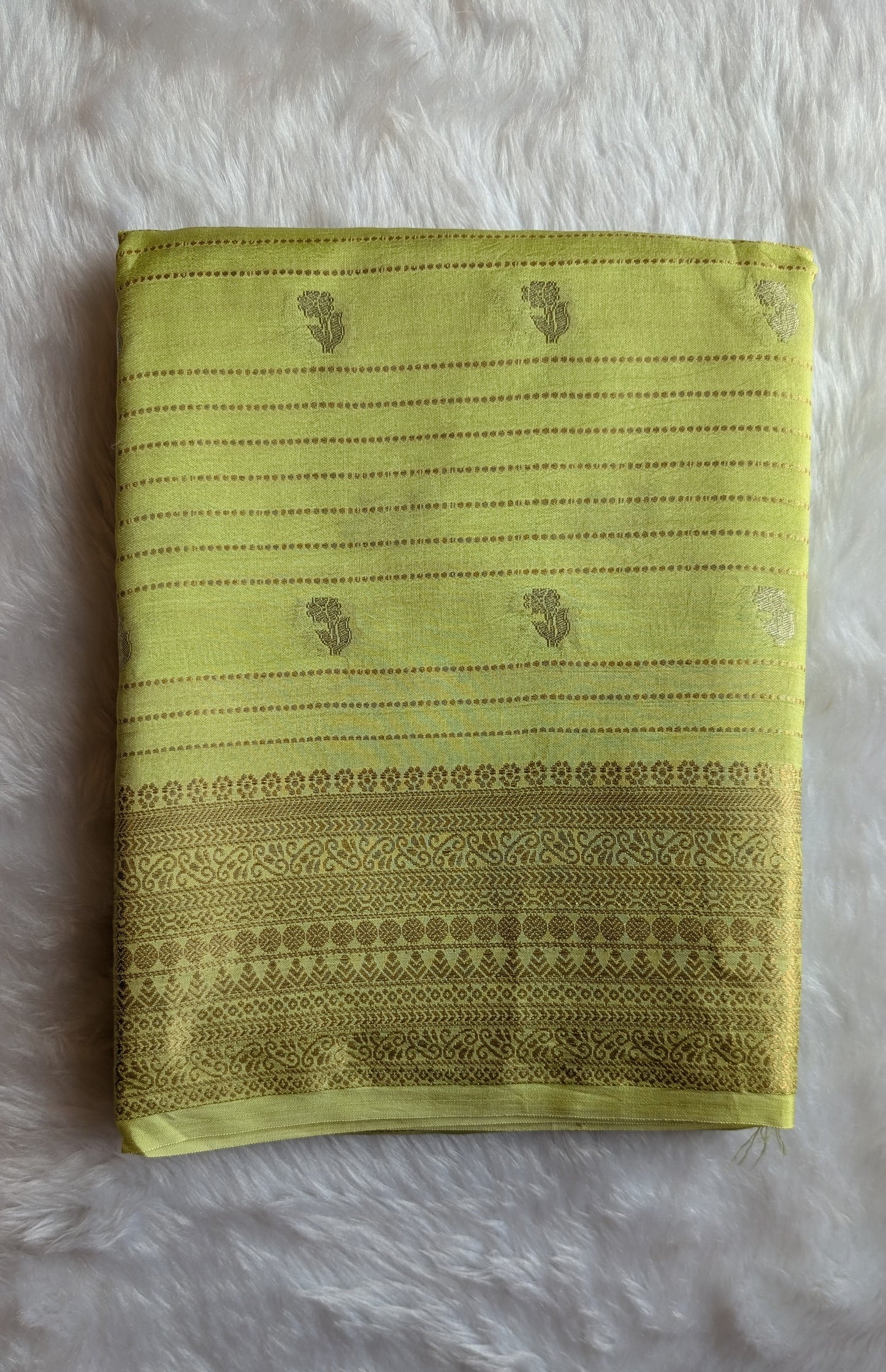 Pista Green with Golden Stripes Semi Crepe Silk Saree