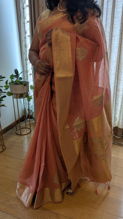 Peach color with Golden Jari Border Soft Tissue Saree