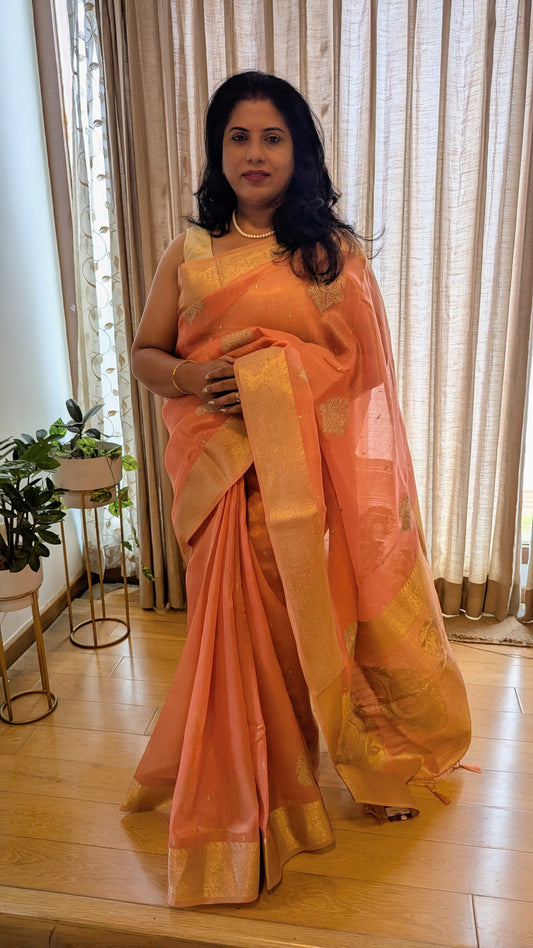Peach color with Golden Jari Border Soft Tissue Saree