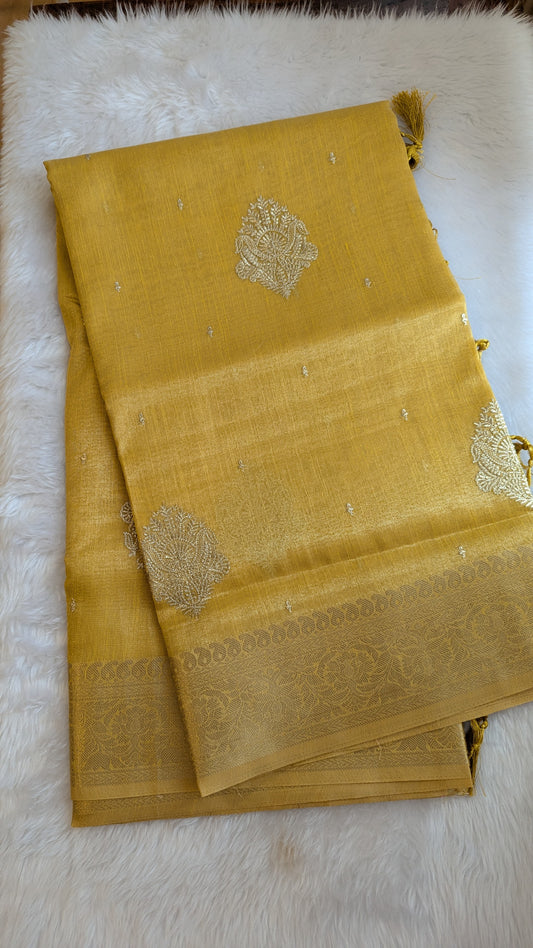 Mustard color with Golden Jari Border Soft Tissue Saree
