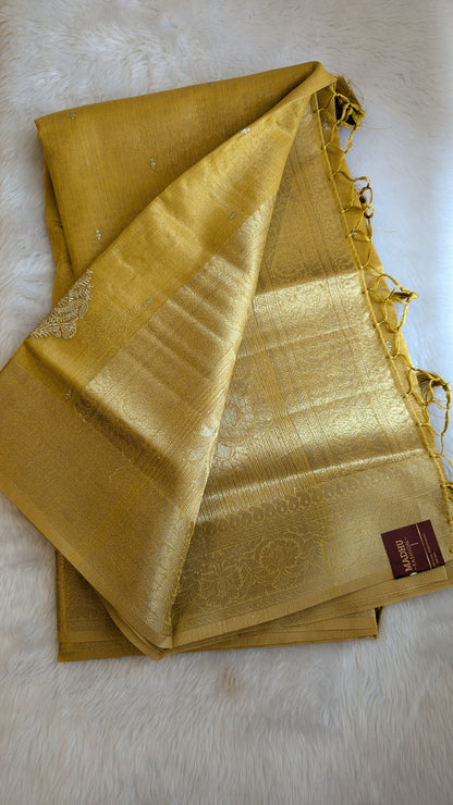 Mustard color with Golden Jari Border Soft Tissue Saree