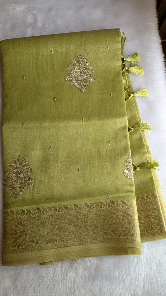 Pista Green color with Golden Jari Border Soft Tissue Saree