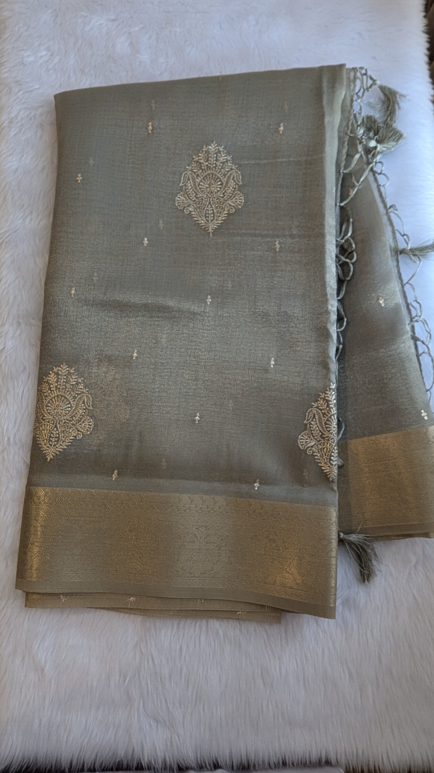 Grey color with Golden Jari Border Soft Tissue Saree
