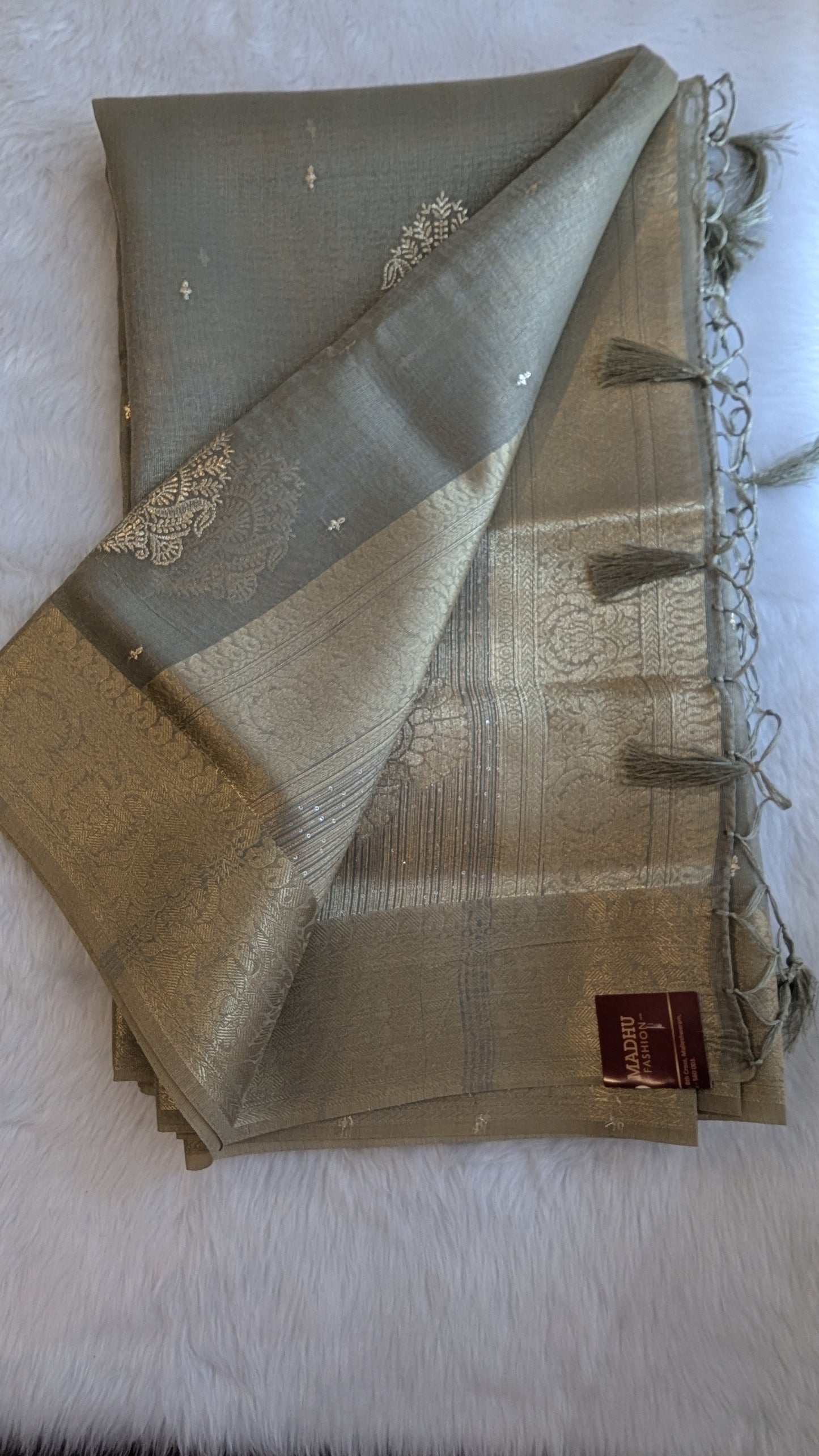 Grey color with Golden Jari Border Soft Tissue Saree