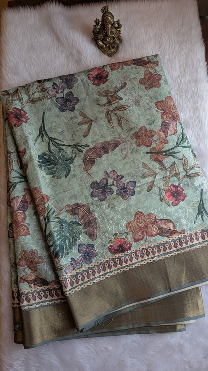 Sea Green Multi colored Floral prints Madhubani Silk Saree