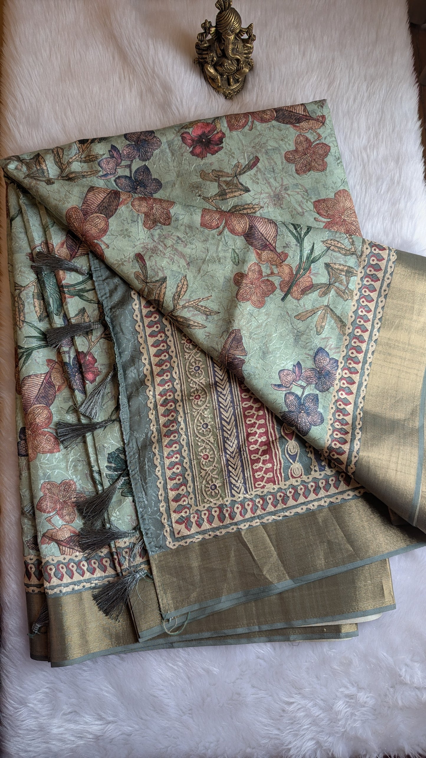 Sea Green Multi colored Floral prints Madhubani Silk Saree