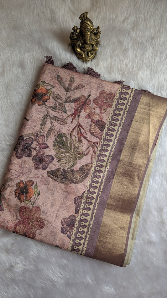 Pink Multi colored Floral prints Madhubani Silk Saree