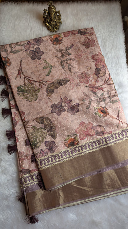 Pink Multi colored Floral prints Madhubani Silk Saree