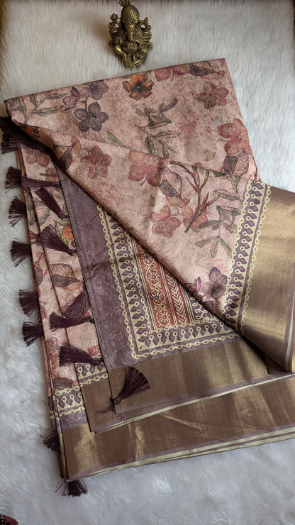 Pink Multi colored Floral prints Madhubani Silk Saree