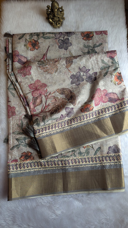 Grey Multi colored Floral prints Madhubani Silk Saree