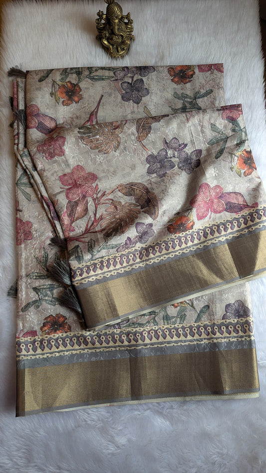 Grey Multi colored Floral prints Madhubani Silk Saree