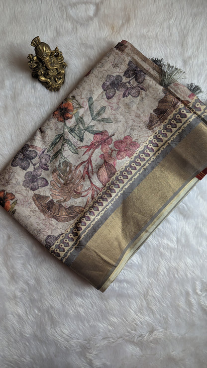 Grey Multi colored Floral prints Madhubani Silk Saree