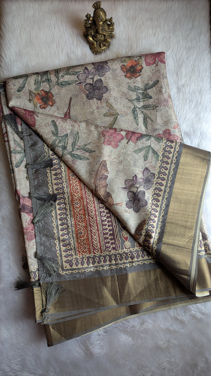Grey Multi colored Floral prints Madhubani Silk Saree