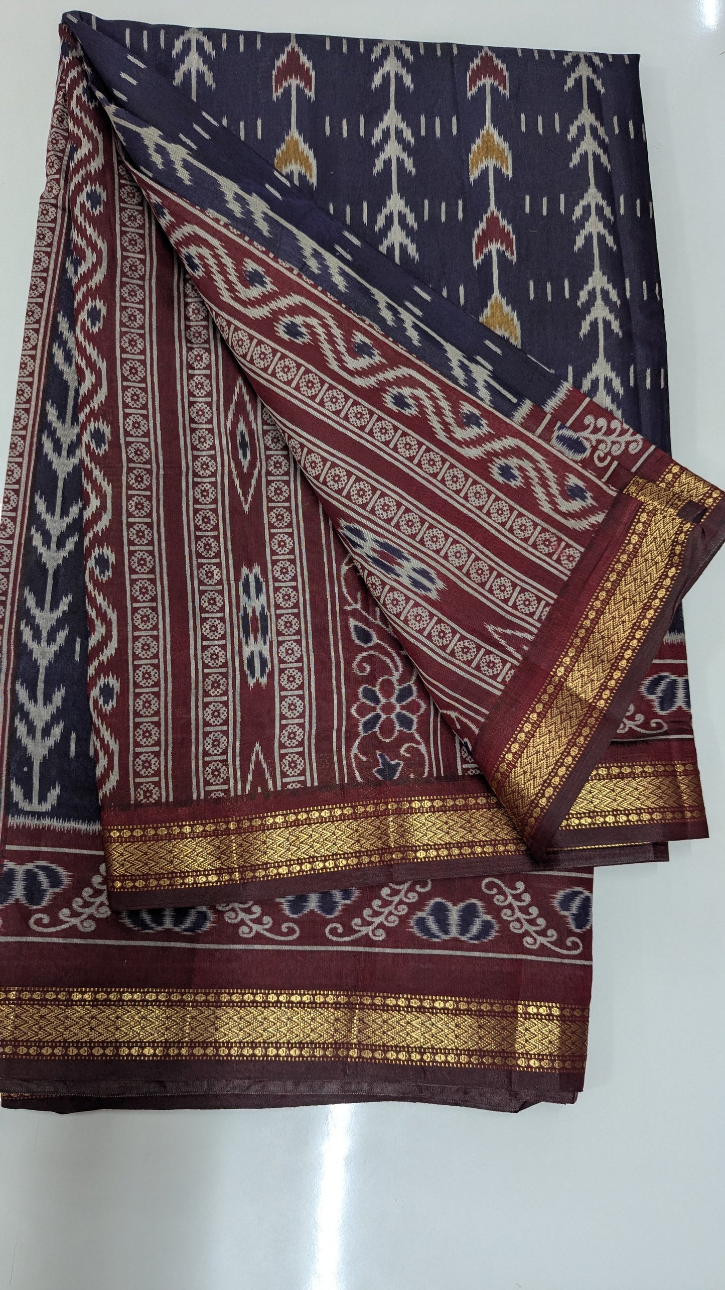 Purple and Maroon Cotton Blend Ikkat Saree