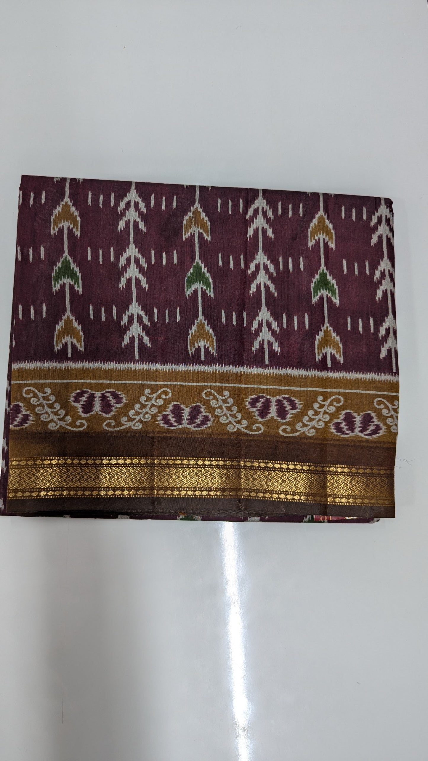 Maroon and Mustard Cotton Blend Ikkat Saree