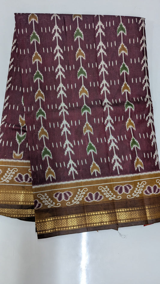 Maroon and Mustard Cotton Blend Ikkat Saree