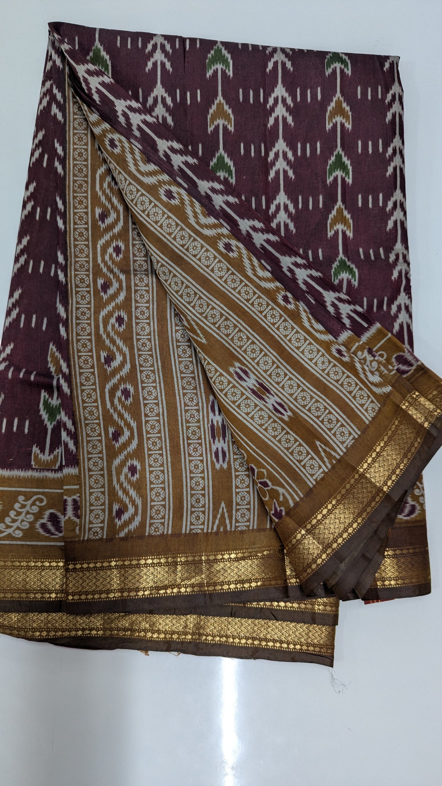 Maroon and Mustard Cotton Blend Ikkat Saree