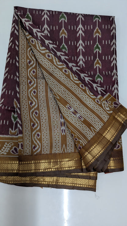 Maroon and Mustard Cotton Blend Ikkat Saree