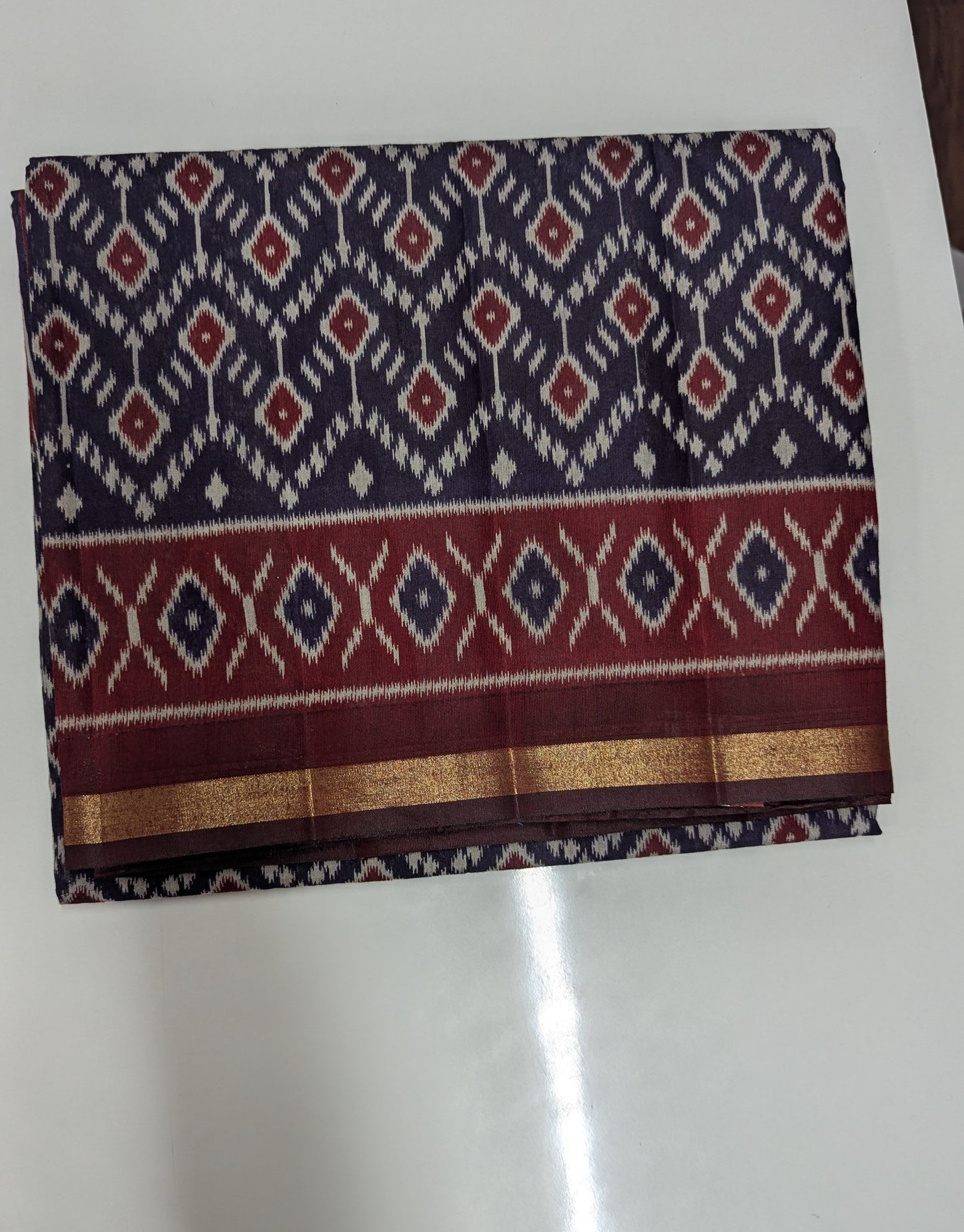 Navy Blue and Maroon Cotton Blend Ikkat Saree