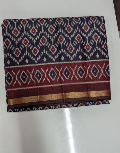 Navy Blue and Maroon Cotton Blend Ikkat Saree