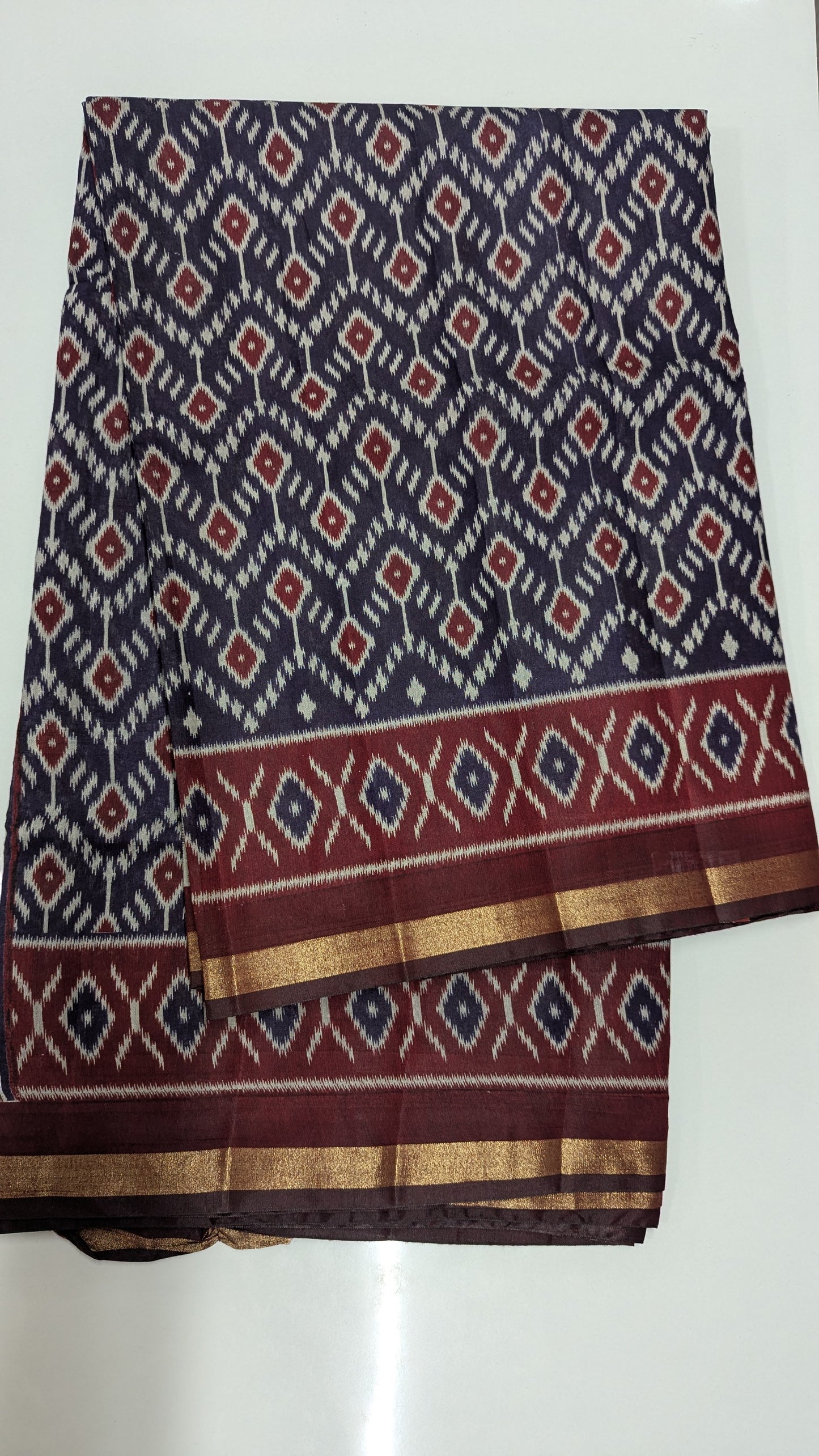 Navy Blue and Maroon Cotton Blend Ikkat Saree