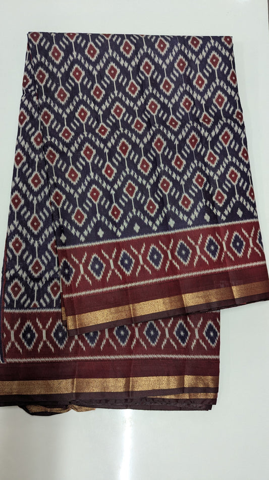 Navy Blue and Maroon Cotton Blend Ikkat Saree
