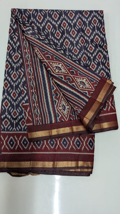 Navy Blue and Maroon Cotton Blend Ikkat Saree