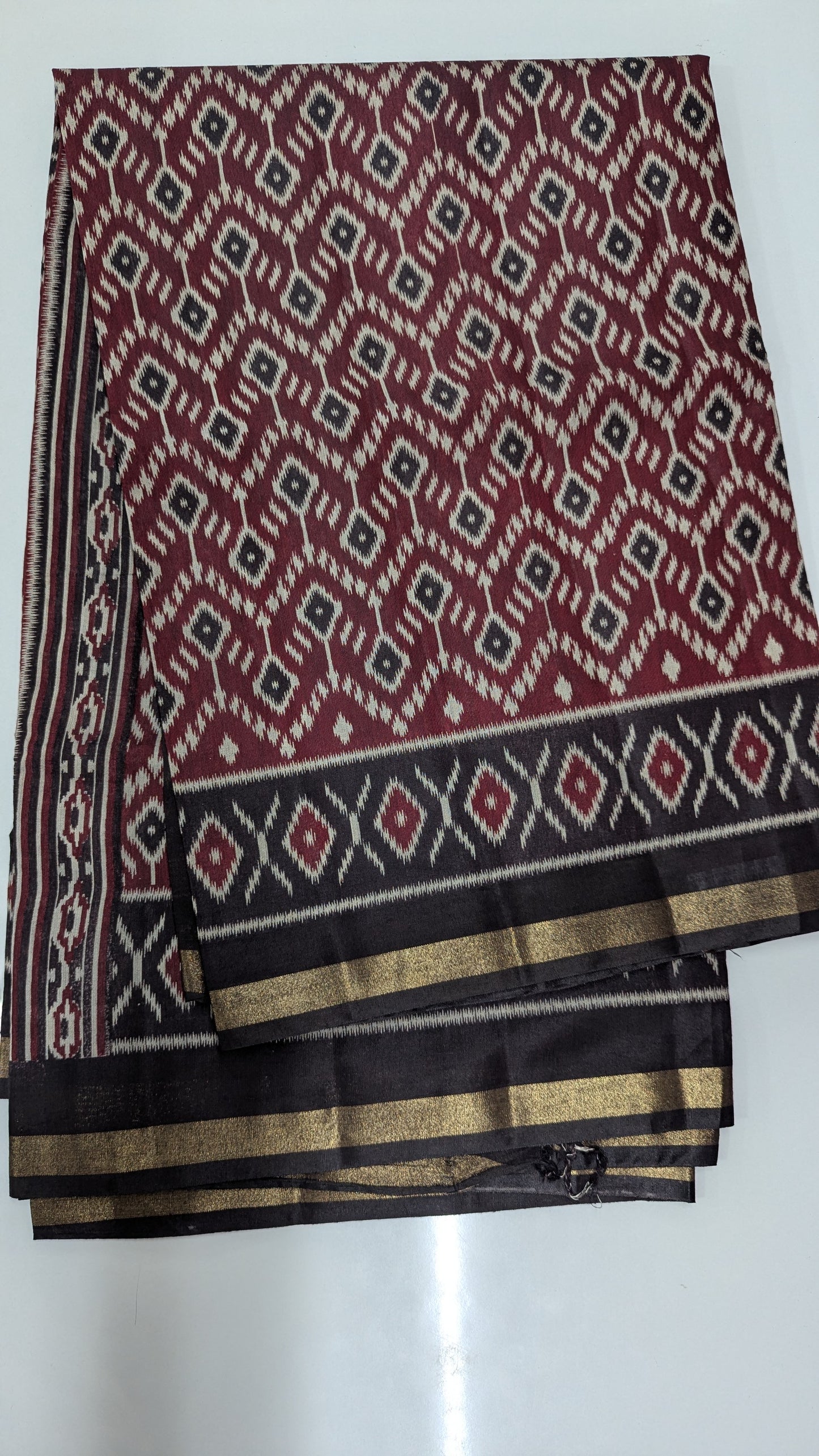 Maroon with Black border Cotton Blend Ikkat Saree
