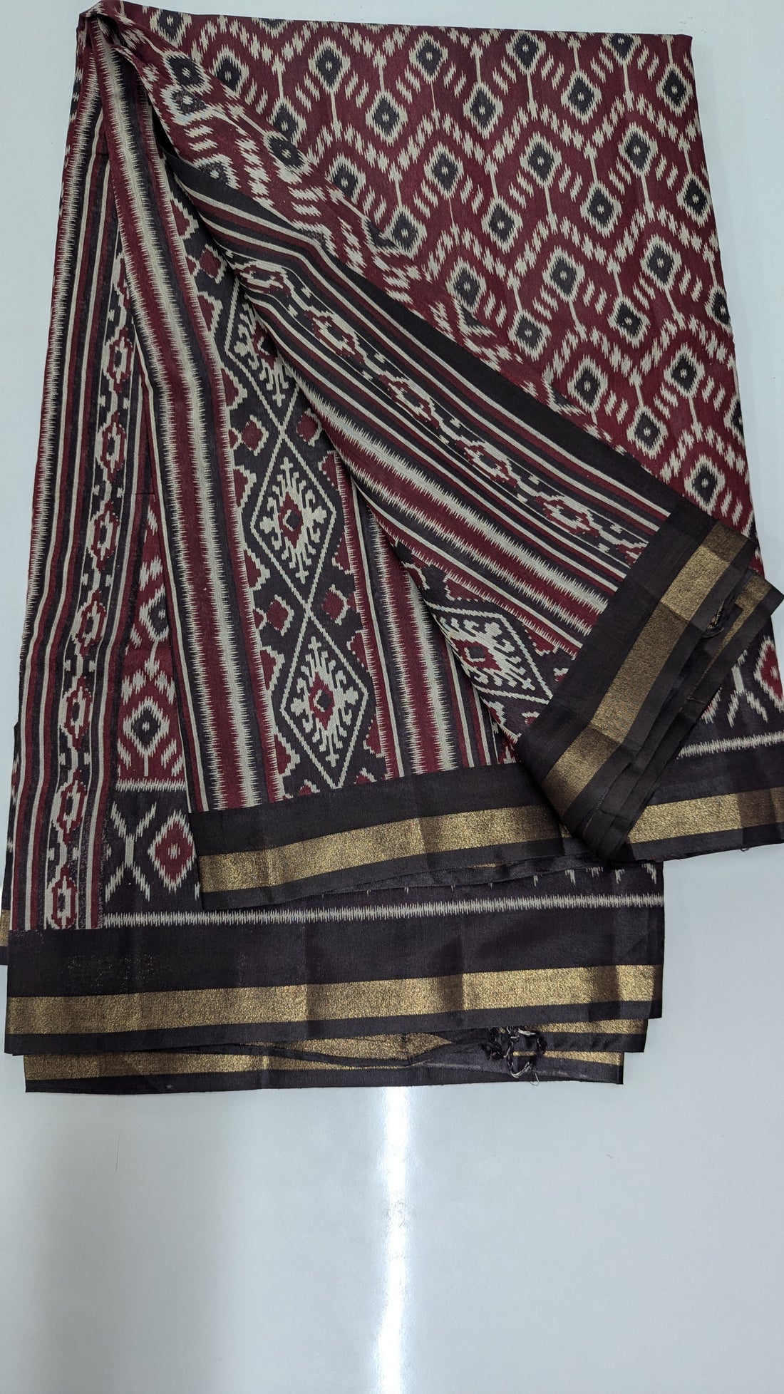 Maroon with Black border Cotton Blend Ikkat Saree