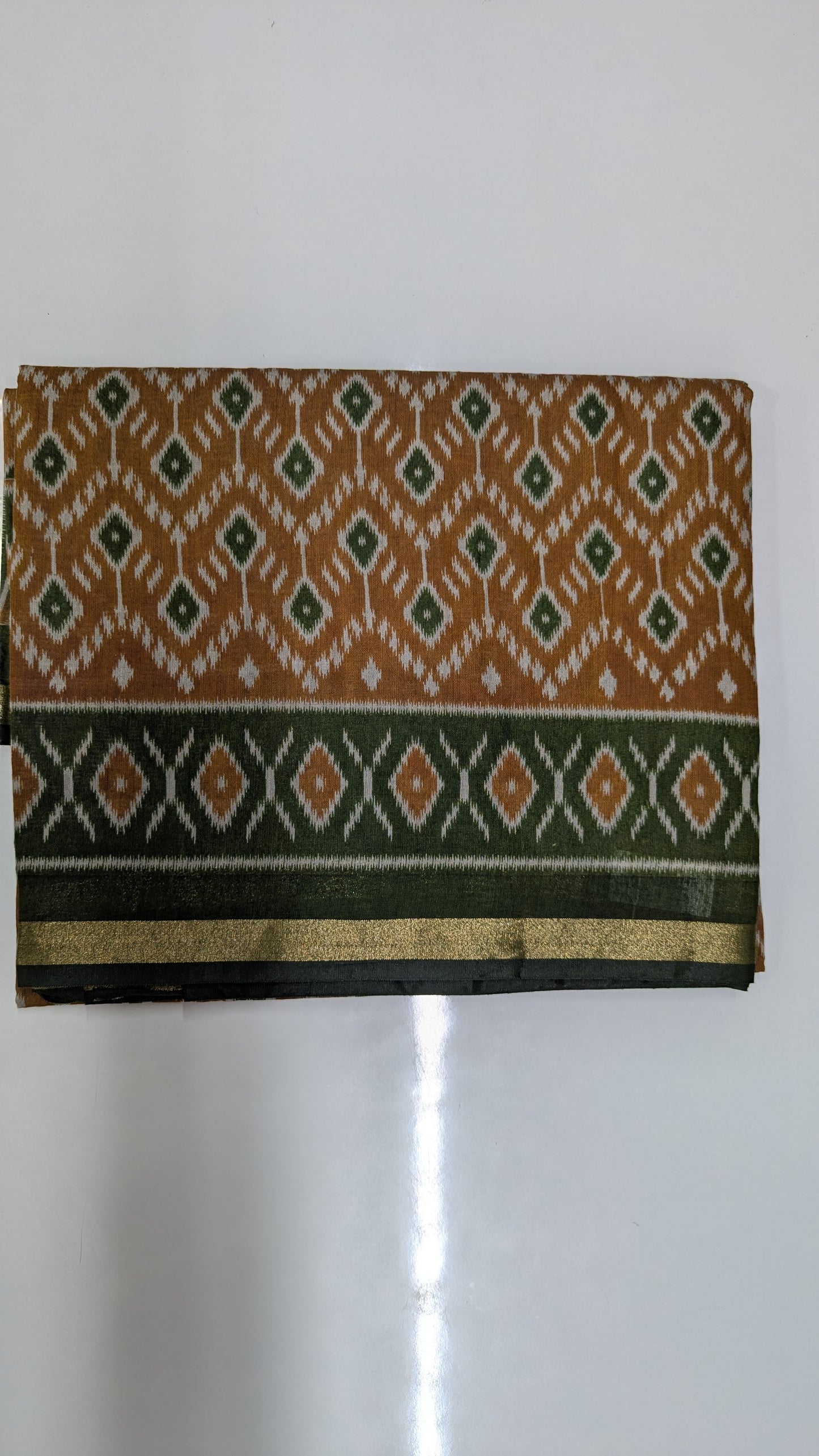 Mustard with Green border Cotton Blend Ikkat Saree