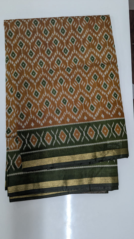 Mustard with Green border Cotton Blend Ikkat Saree
