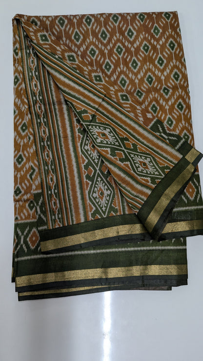 Mustard with Green border Cotton Blend Ikkat Saree