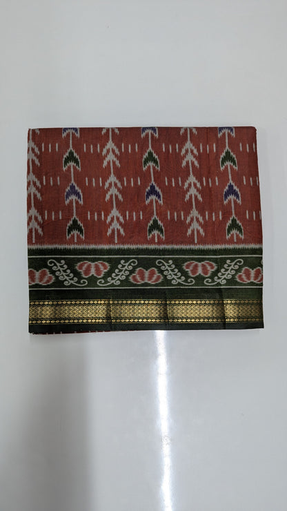 Brown with Green border Cotton Blend Ikkat Saree