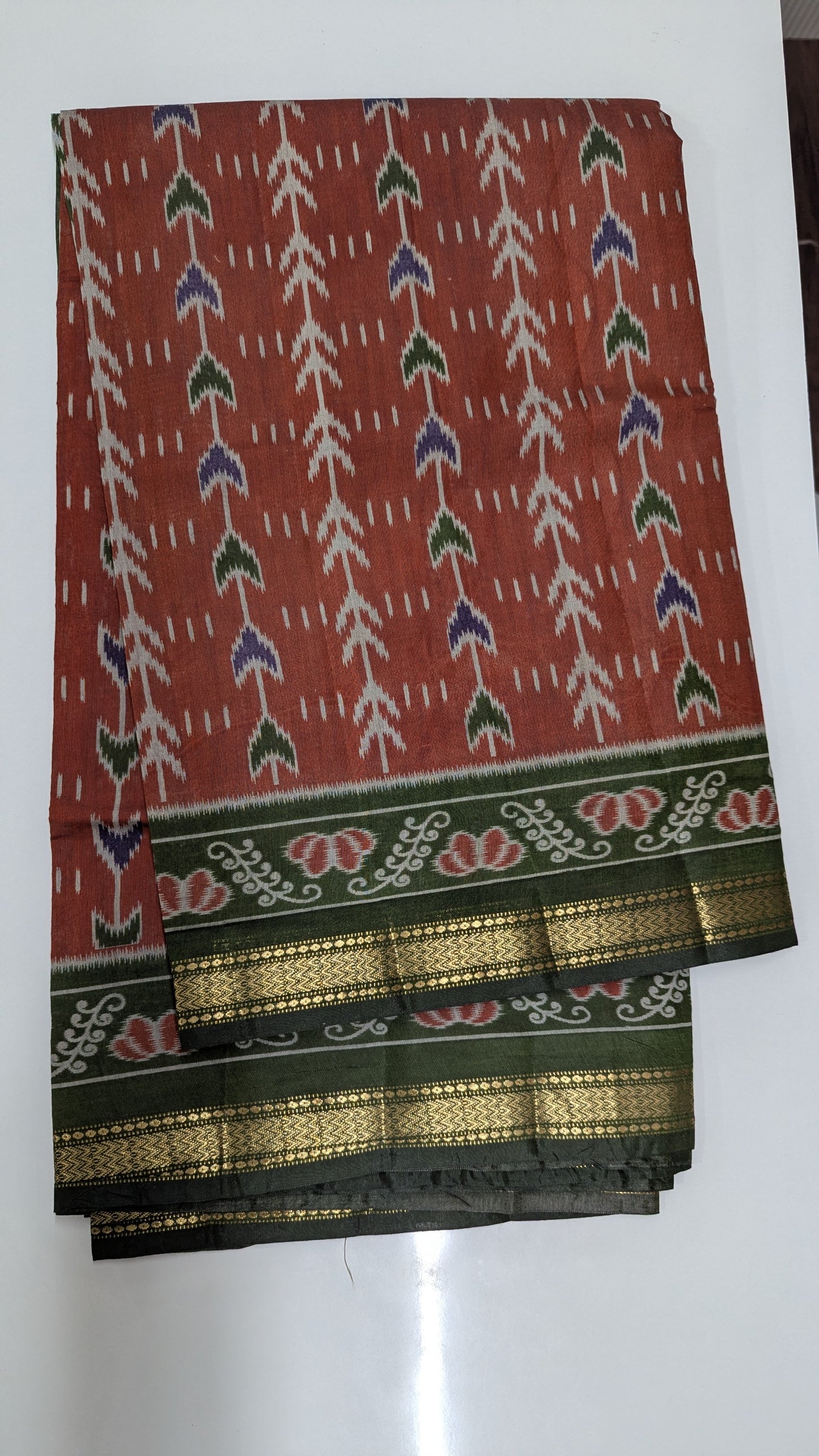 Brown with Green border Cotton Blend Ikkat Saree