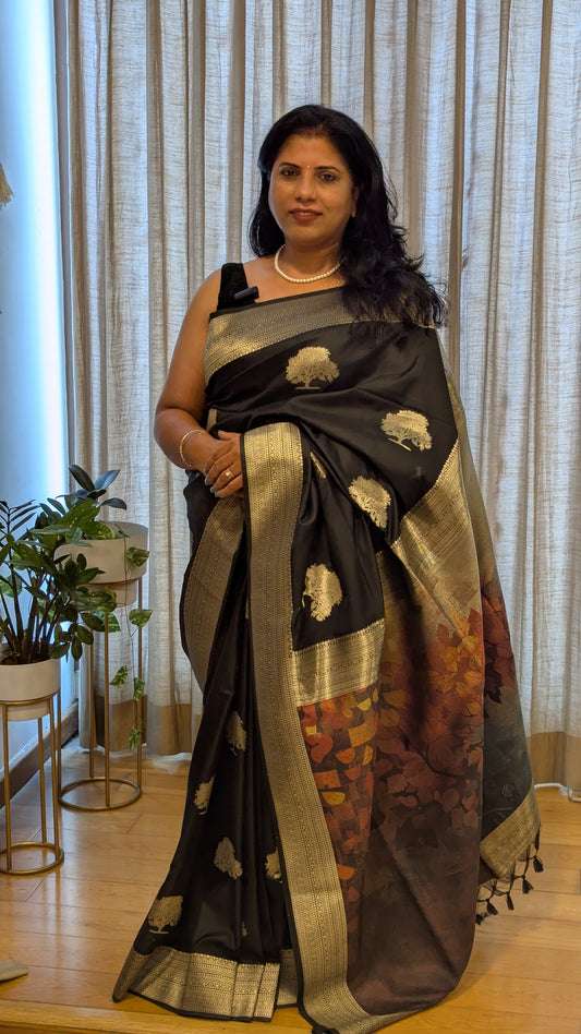 Black with Silver Zari Border Saree