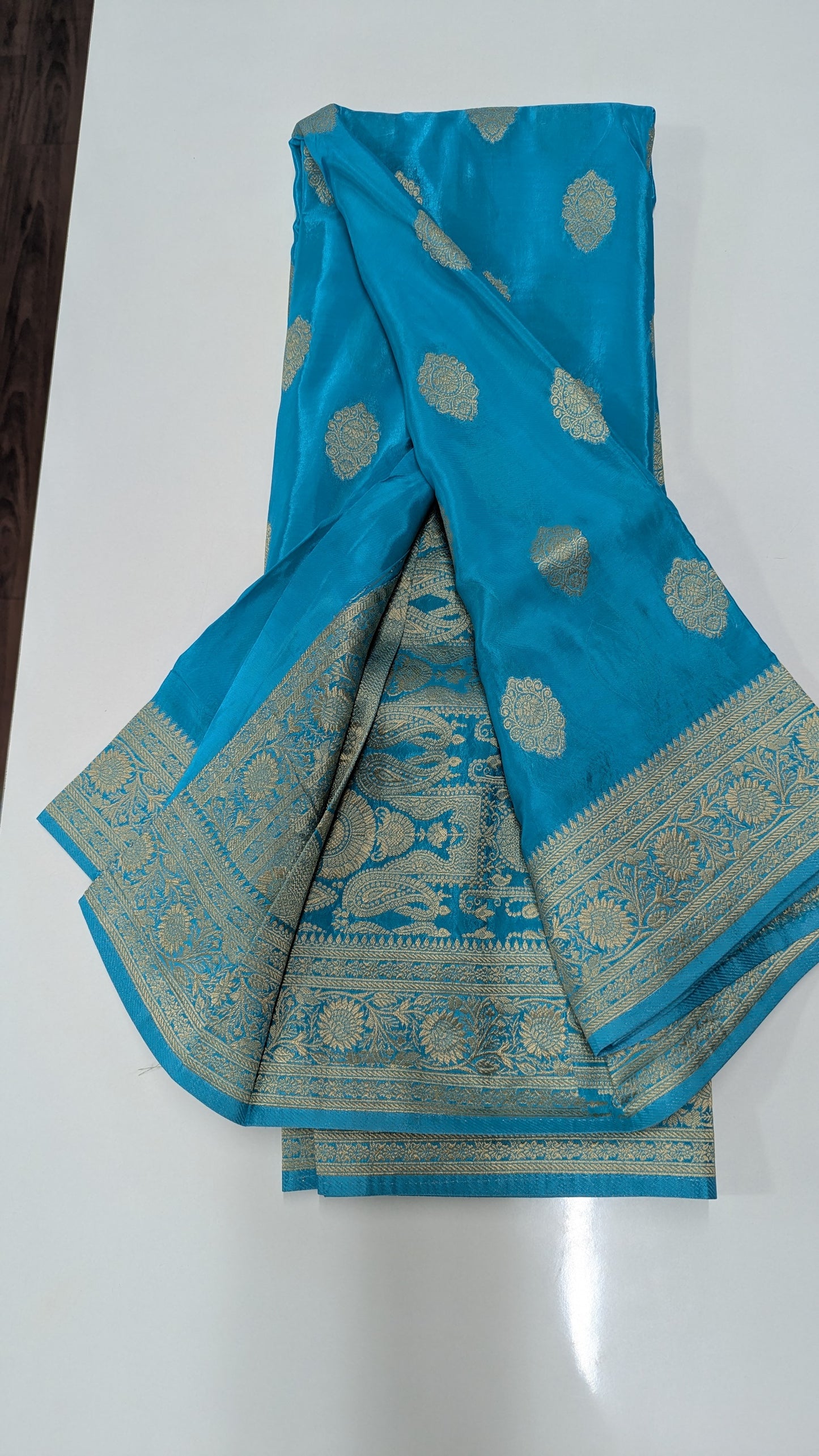 Sky Blue Banaras Crepe Silk Saree with Silver Zari Border
