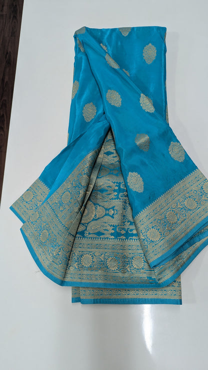 Sky Blue Banaras Crepe Silk Saree with Silver Zari Border