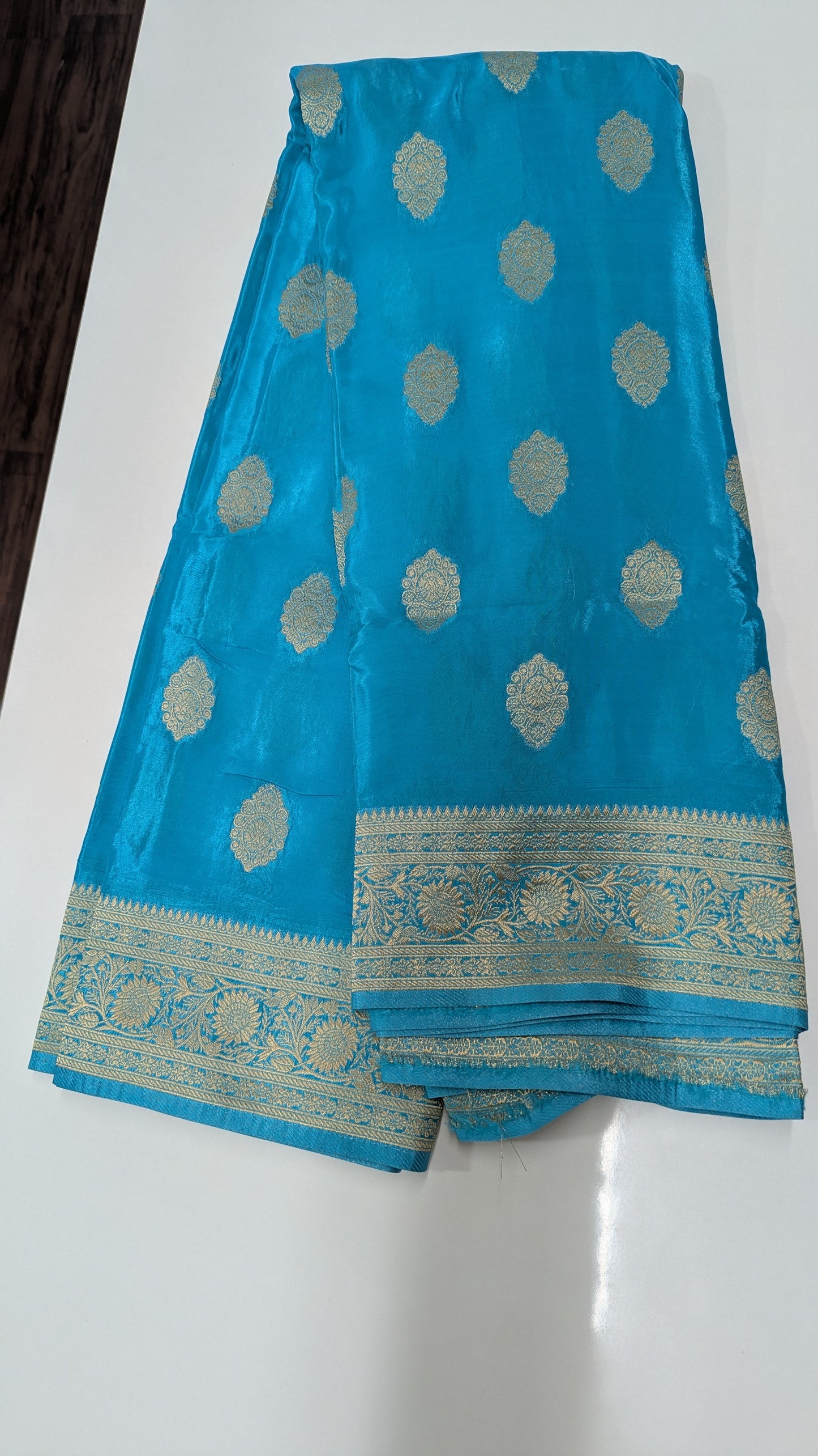 Sky Blue Banaras Crepe Silk Saree with Silver Zari Border