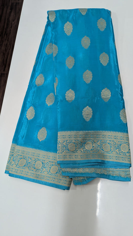 Sky Blue Banaras Crepe Silk Saree with Silver Zari Border