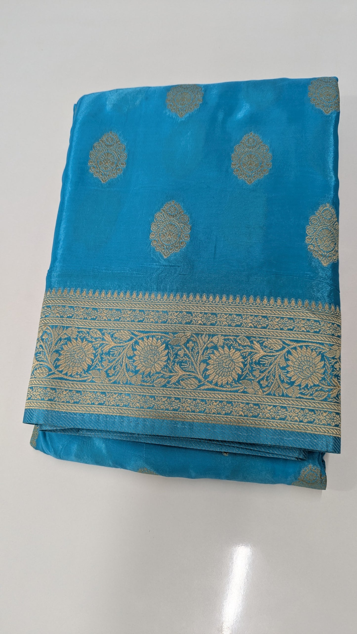 Sky Blue Banaras Crepe Silk Saree with Silver Zari Border