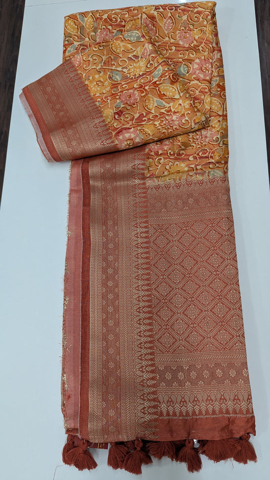 Rust Orange Crepe Silk Saree with Antique Zari