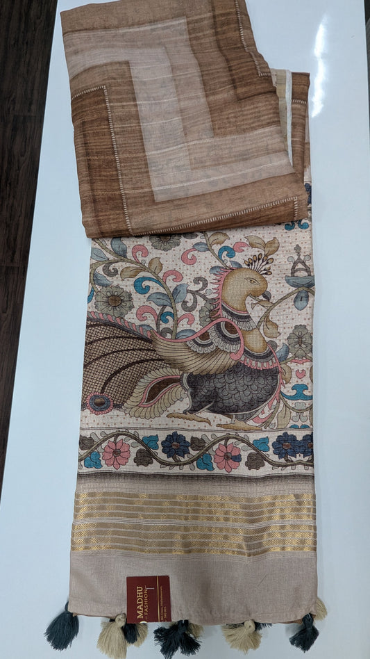 Brown color Tussar Silk Saree with Peacock Design Pallu