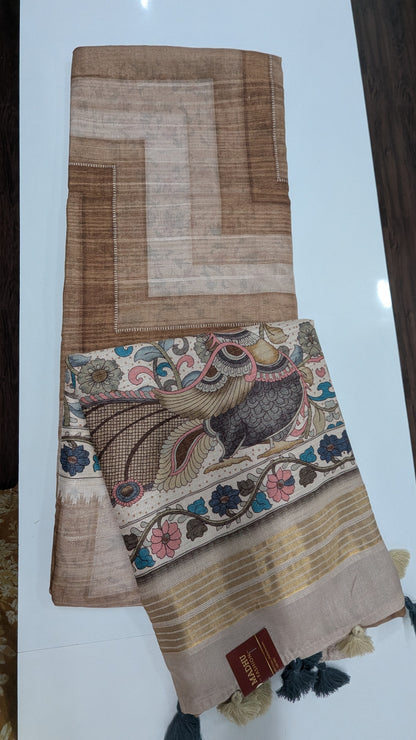 Brown color Tussar Silk Saree with Peacock Design Pallu