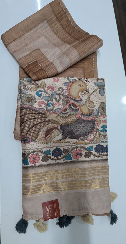 Brown color Tussar Silk Saree with Peacock Design Pallu