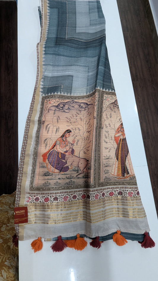 Greyish Blue Tussar Silk Saree with Design Pallu
