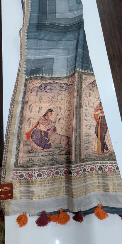 Greyish Blue Tussar Silk Saree with Design Pallu