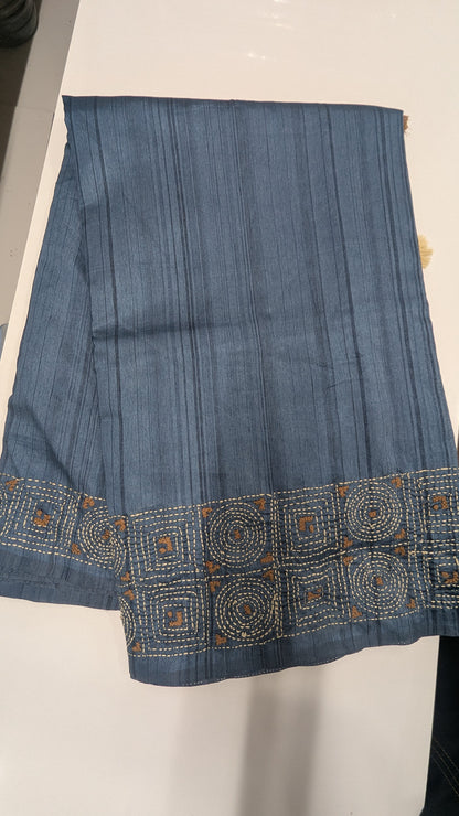 Grey Color Chanderi Silk Saree with Katha thread work